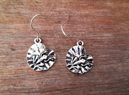Silver Lily Pad Frog Vintage Charm Drop Earrings