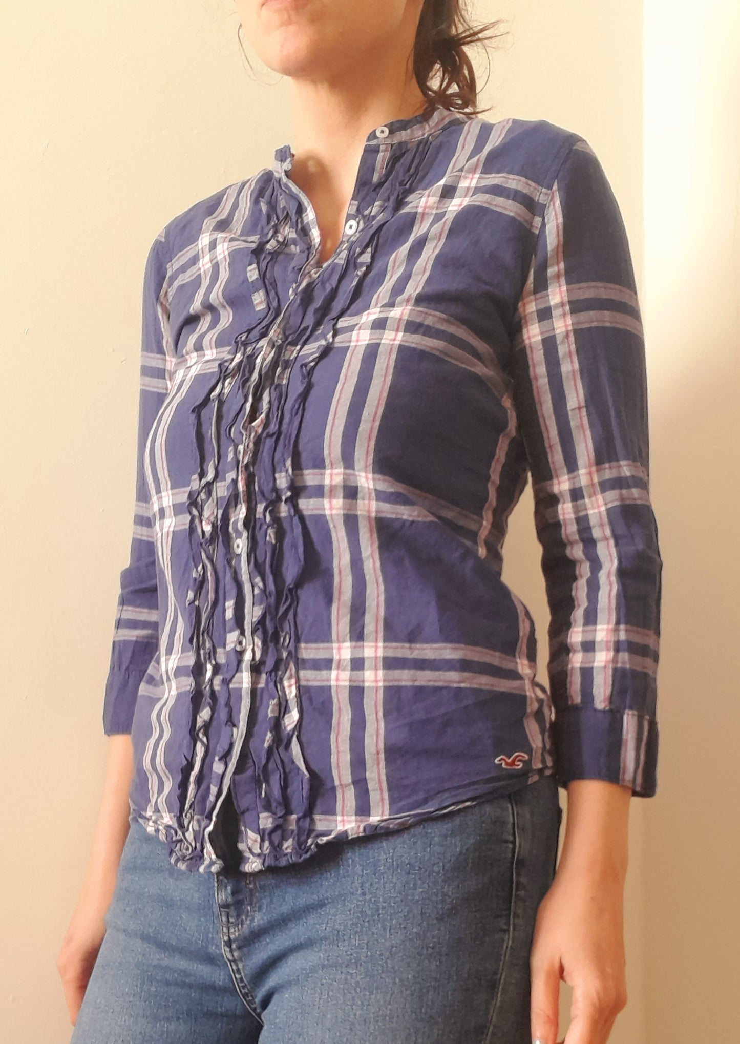 Vintage Y2K HOLLISTER Navy White Pink Check Plaid Frill Cotton Blouse