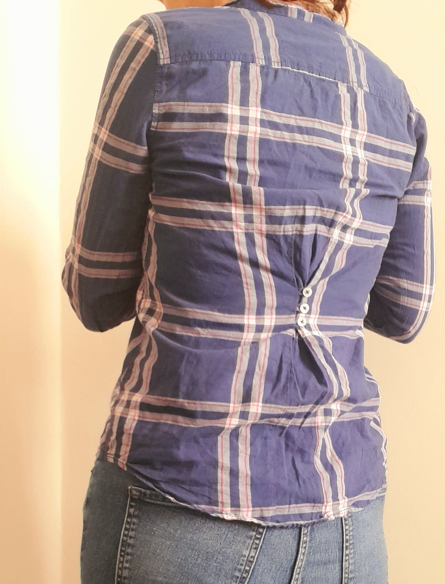 Vintage Y2K HOLLISTER Navy White Pink Check Plaid Frill Cotton Blouse