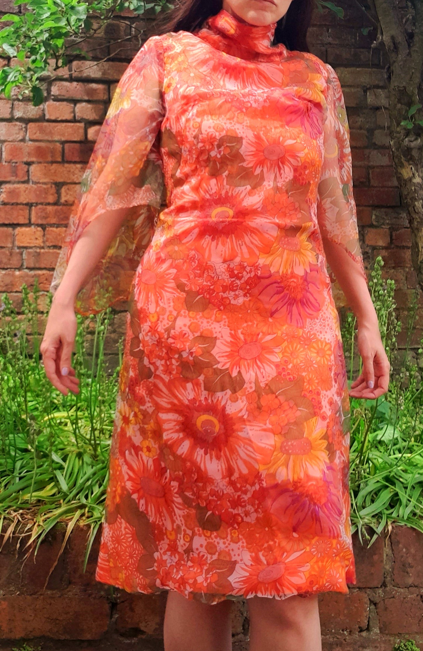 Vintage 1960s Handsewn Floral Floaty Wing Sleeve Chiffon Midi Dress