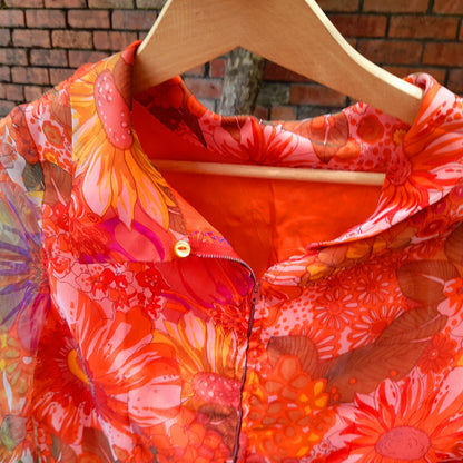 Vintage 1960s Handsewn Floral Floaty Wing Sleeve Chiffon Midi Dress