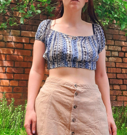 Vintage 70s Boho Daisy Flower Gypsy Cropped Blouse