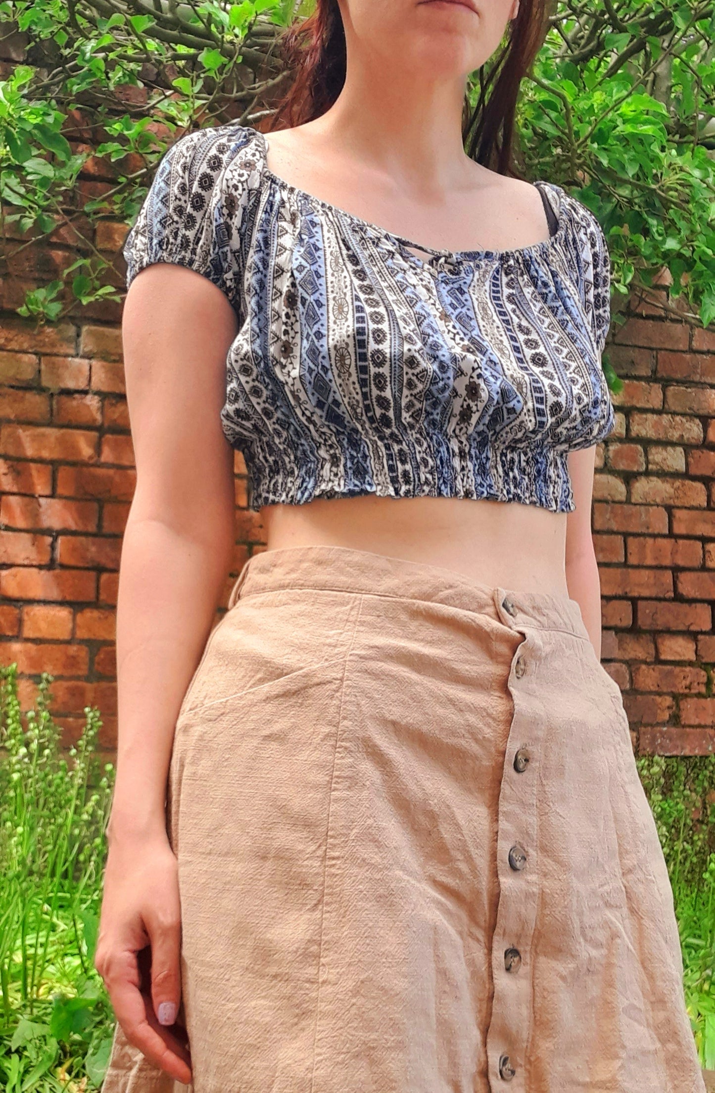 Vintage 70s Boho Daisy Flower Gypsy Cropped Blouse