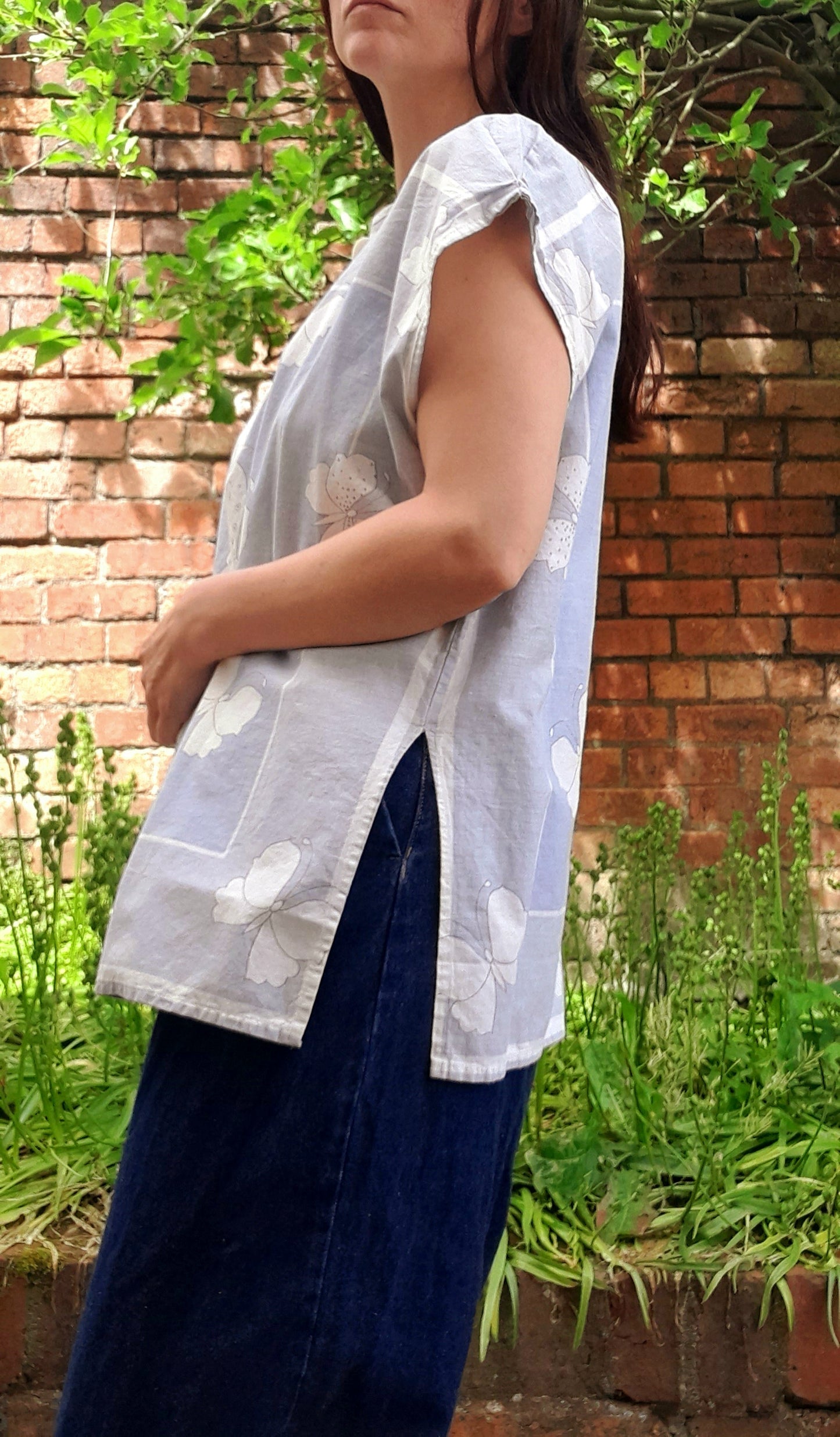 Vintage 1960s Blue & White Handsewn Butterfly Flower Print Cotton Button Blouse