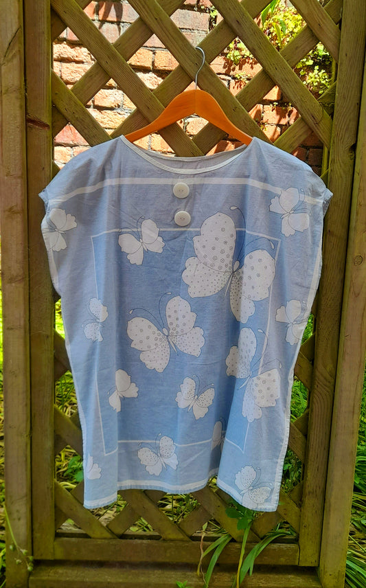Vintage 1960s Blue & White Handsewn Butterfly Flower Print Cotton Button Blouse