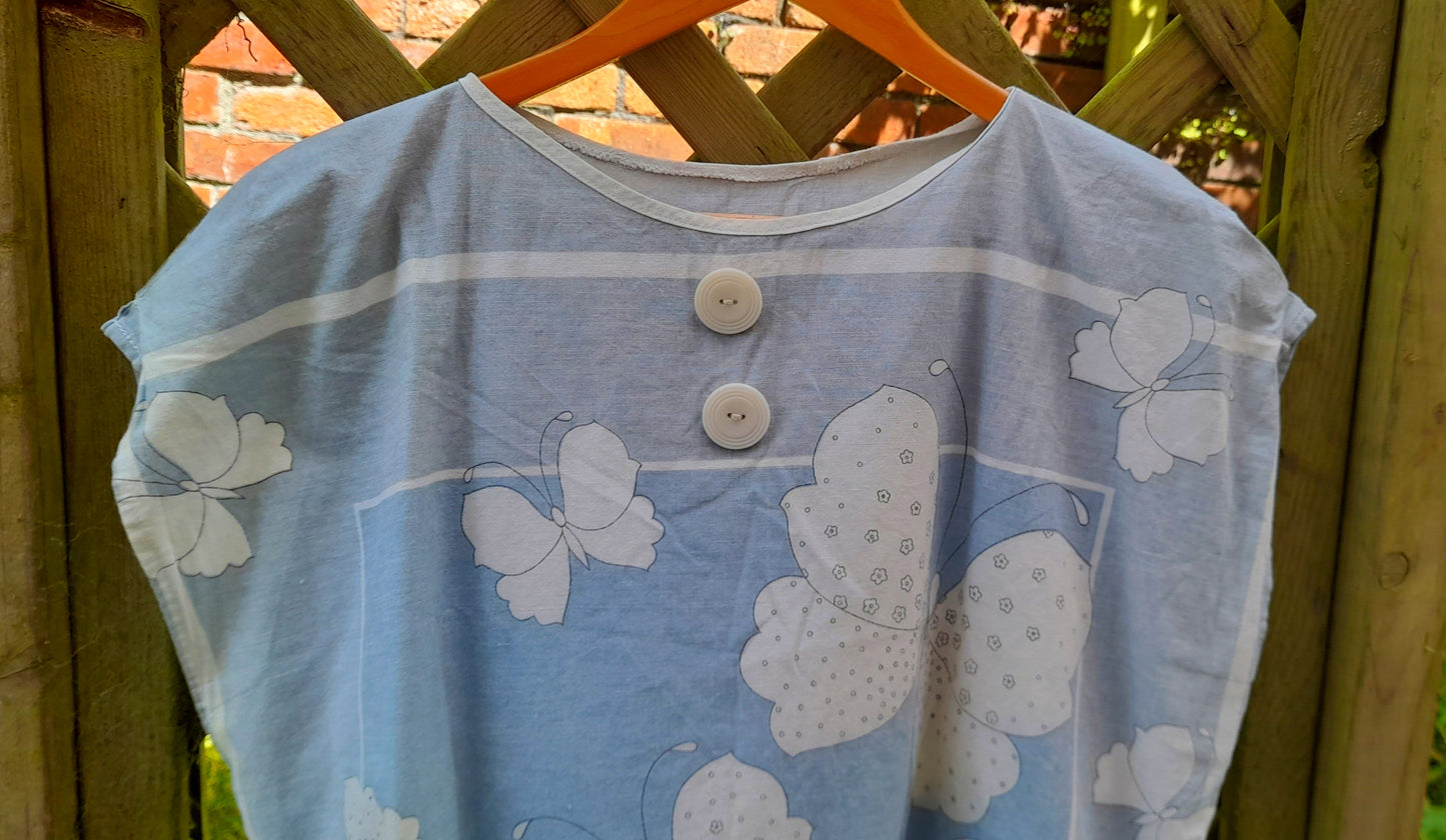 Vintage 1960s Blue & White Handsewn Butterfly Flower Print Cotton Button Blouse