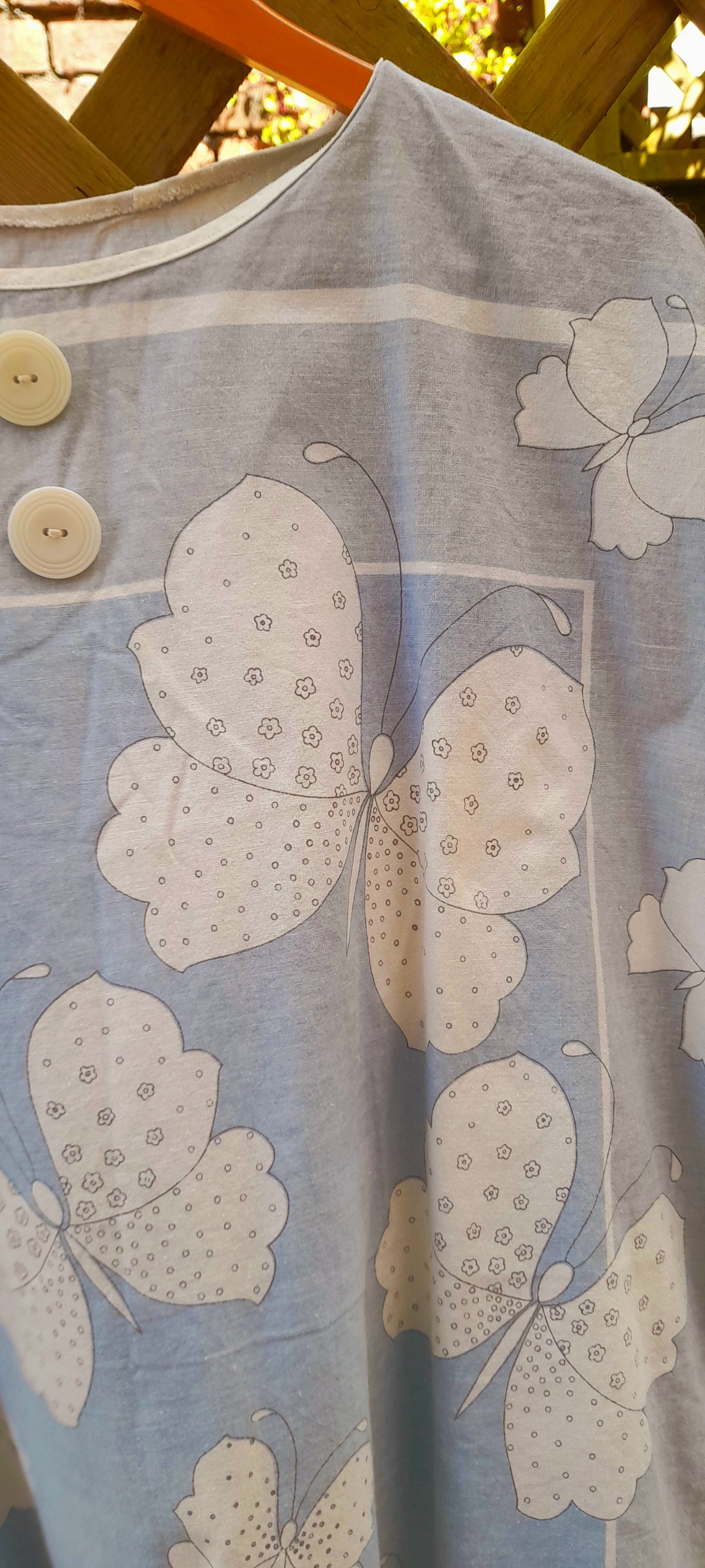 Vintage 1960s Blue & White Handsewn Butterfly Flower Print Cotton Button Blouse
