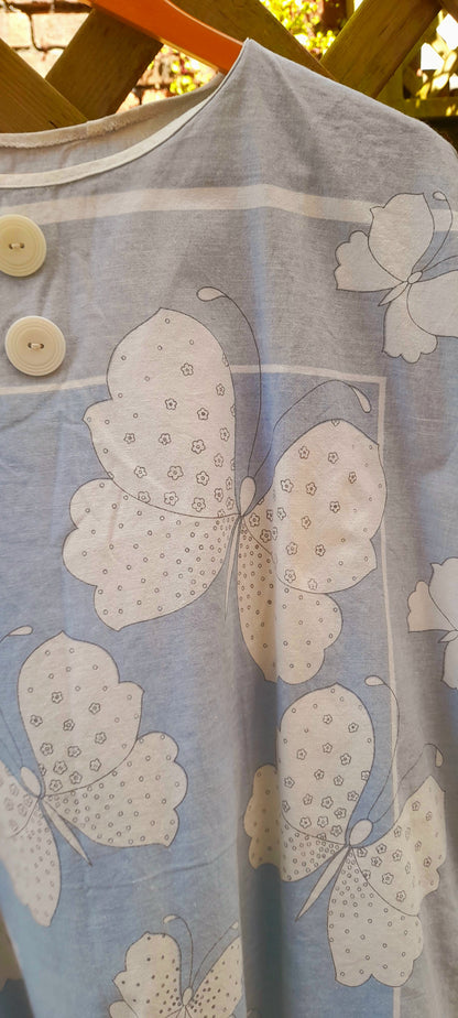 Vintage 1960s Blue & White Handsewn Butterfly Flower Print Cotton Button Blouse