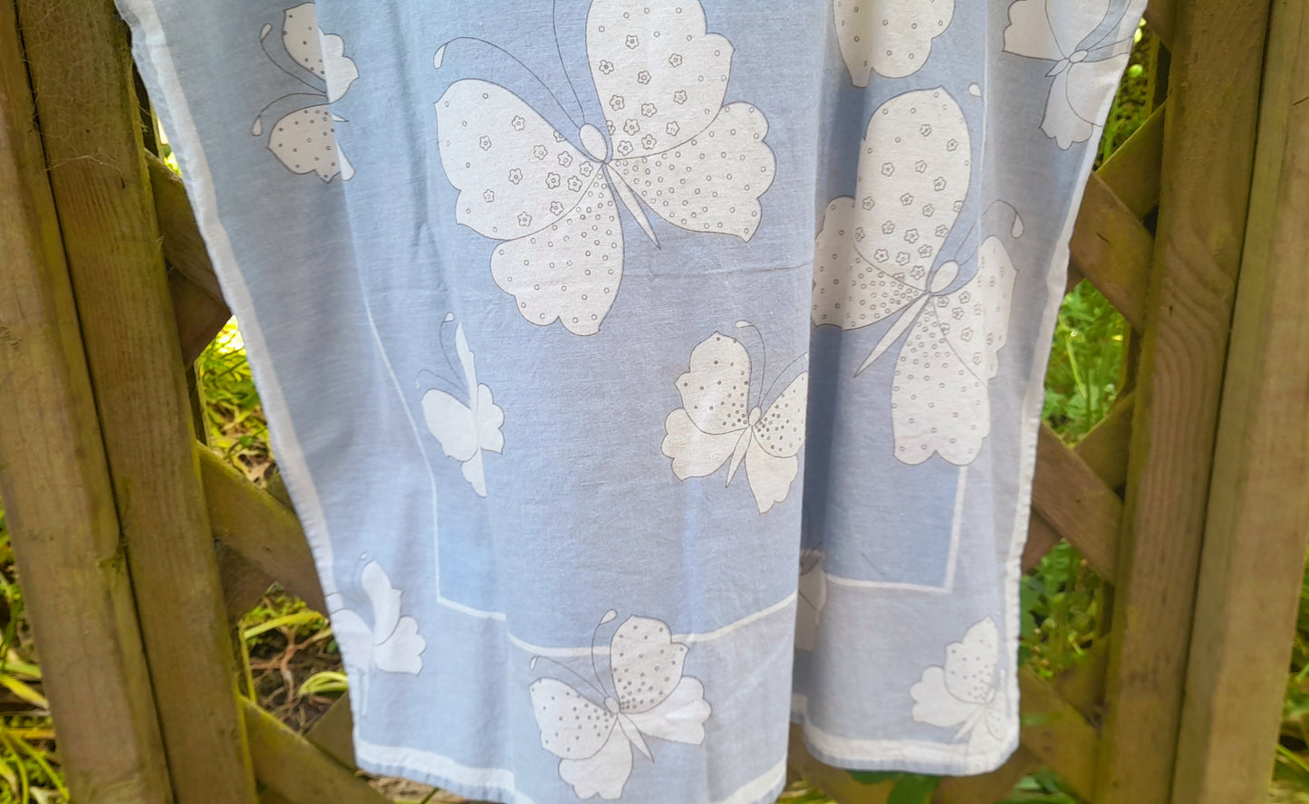 Vintage 1960s Blue & White Handsewn Butterfly Flower Print Cotton Button Blouse