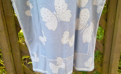 Vintage 1960s Blue & White Handsewn Butterfly Flower Print Cotton Button Blouse