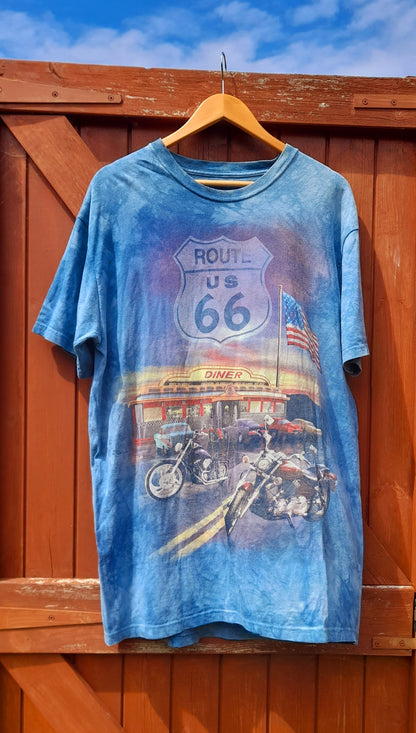 THE MOUNTAIN Vintage Light Blue Bleach Dye Route 66 Diner T-Shirt