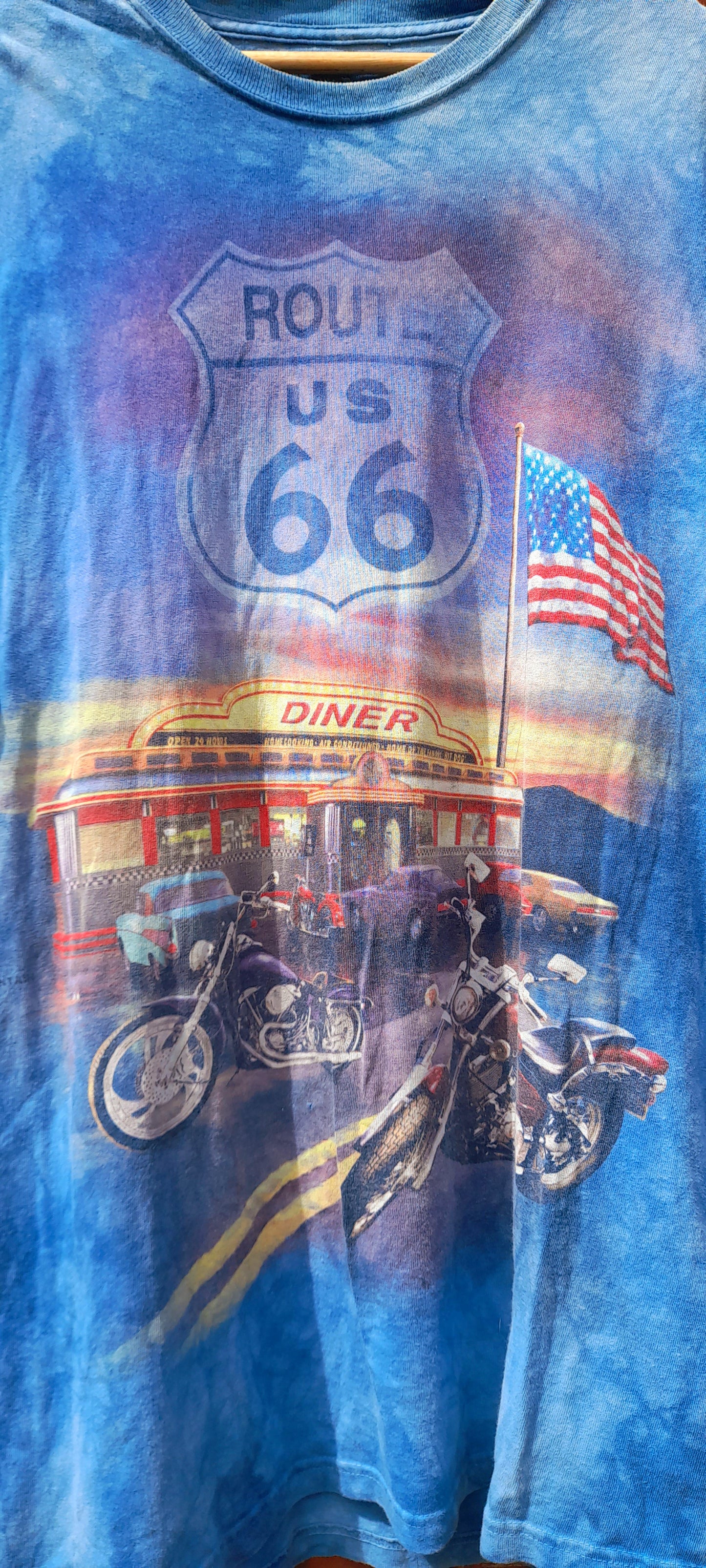 THE MOUNTAIN Vintage Light Blue Bleach Dye Route 66 Diner T-Shirt