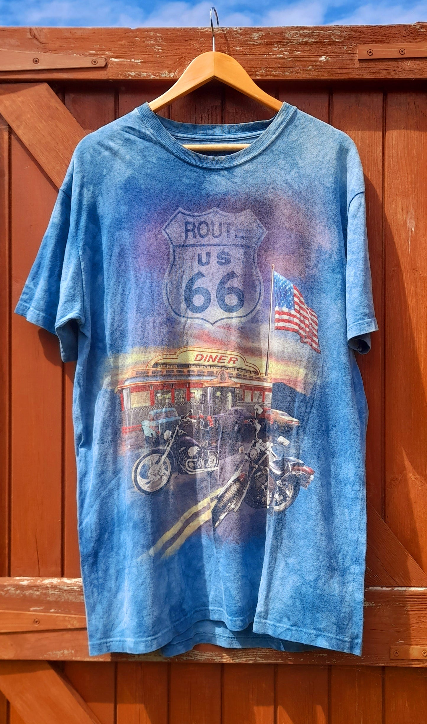 THE MOUNTAIN Vintage Light Blue Bleach Dye Route 66 Diner T-Shirt