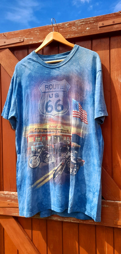 THE MOUNTAIN Vintage Light Blue Bleach Dye Route 66 Diner T-Shirt
