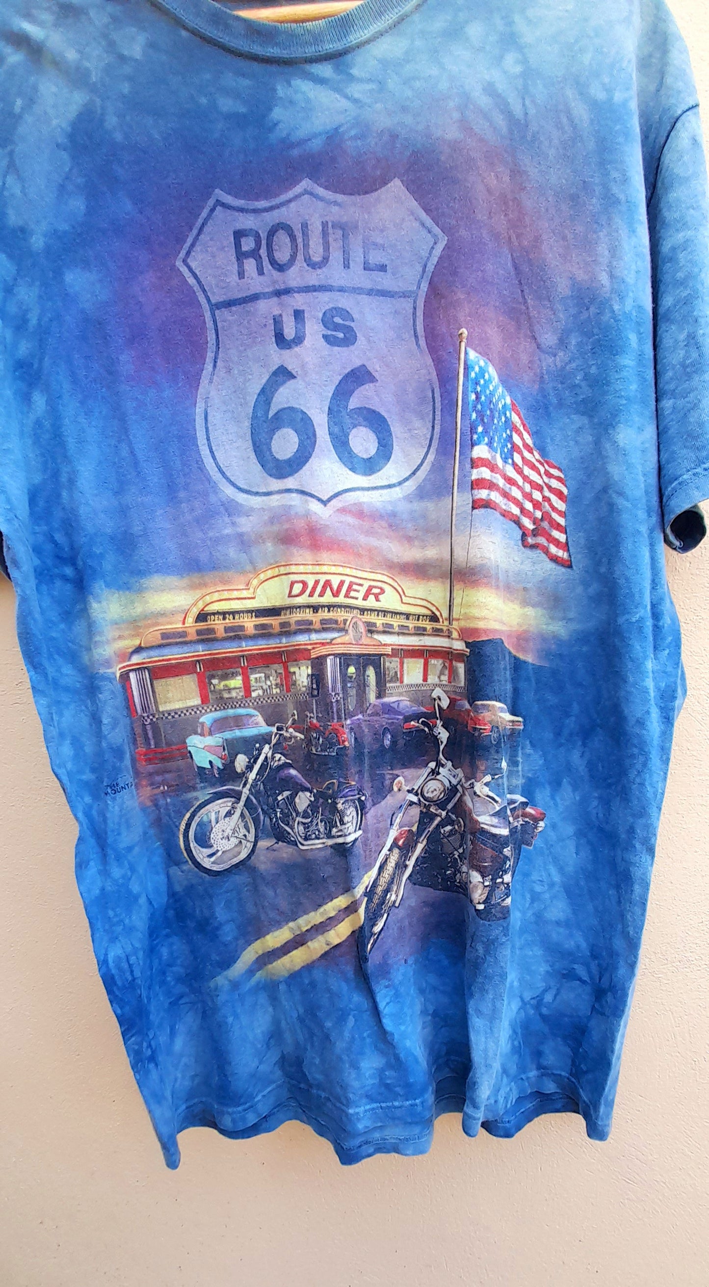 THE MOUNTAIN Vintage Light Blue Bleach Dye Route 66 Diner T-Shirt