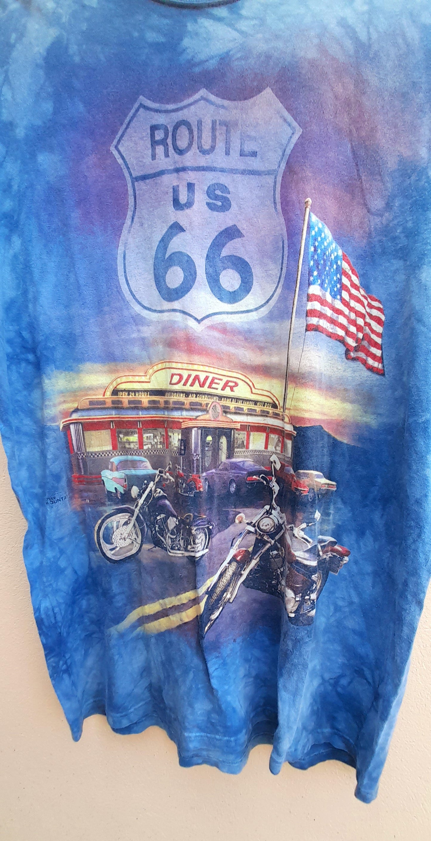 THE MOUNTAIN Vintage Light Blue Bleach Dye Route 66 Diner T-Shirt