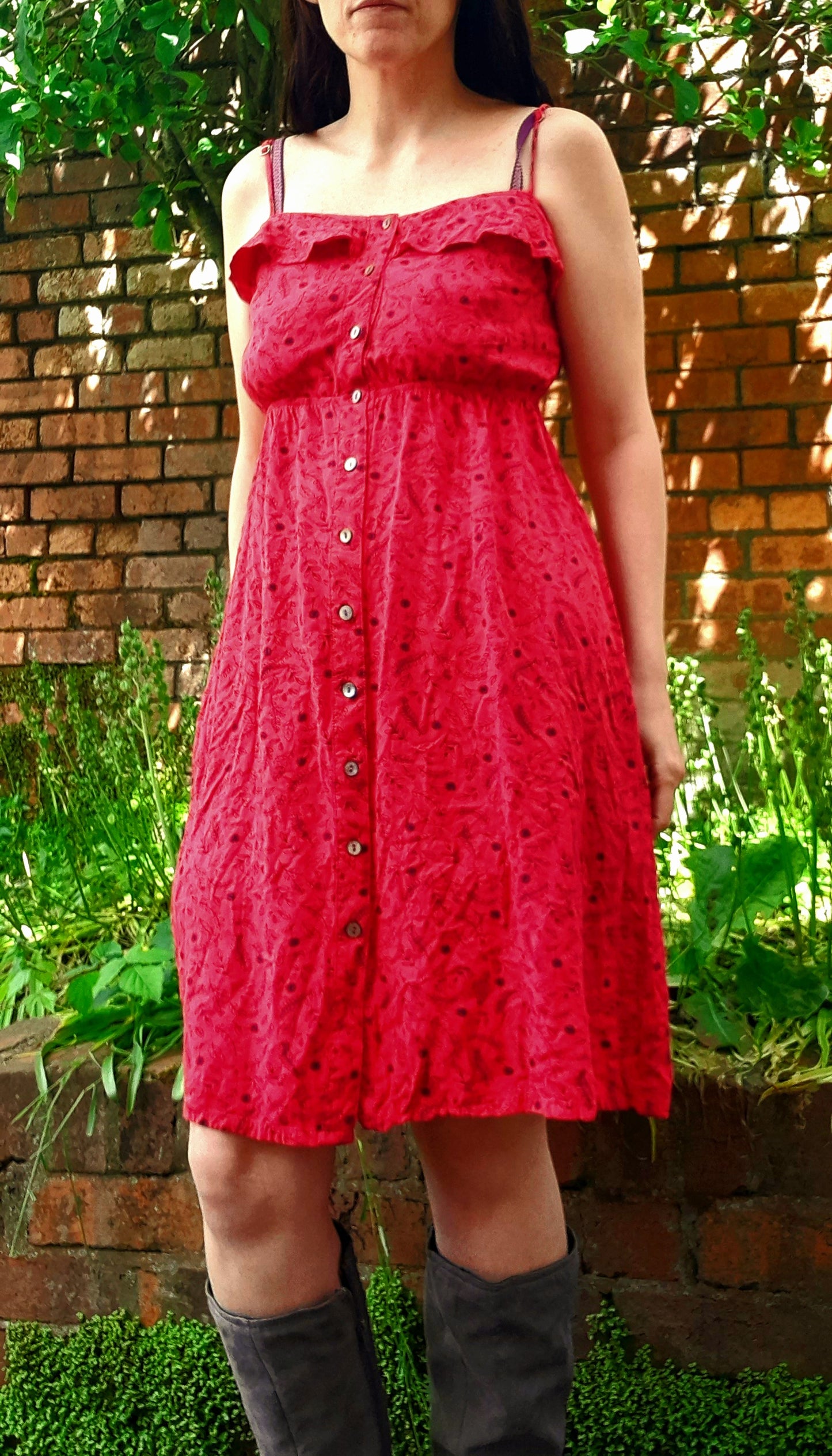 Vintage Red & Black Floral Button Frill Dress