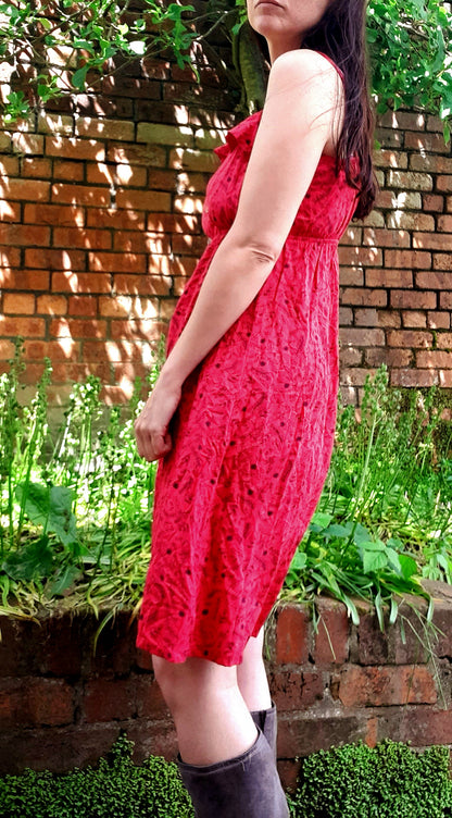 Vintage Red & Black Floral Button Frill Dress