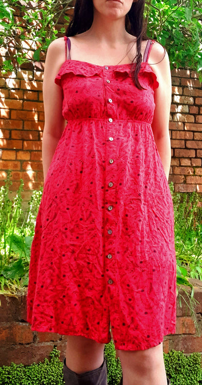 Vintage Red & Black Floral Button Frill Dress