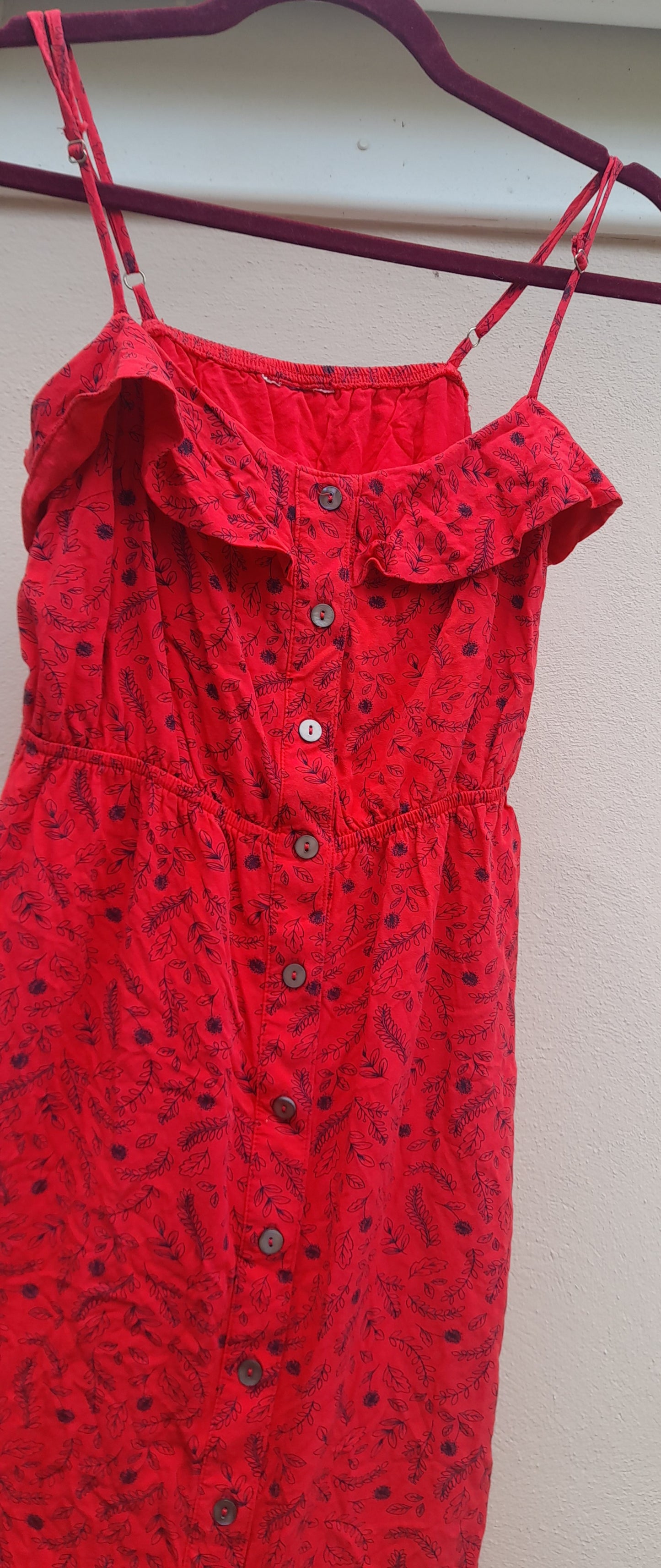 Vintage Red & Black Floral Button Frill Dress