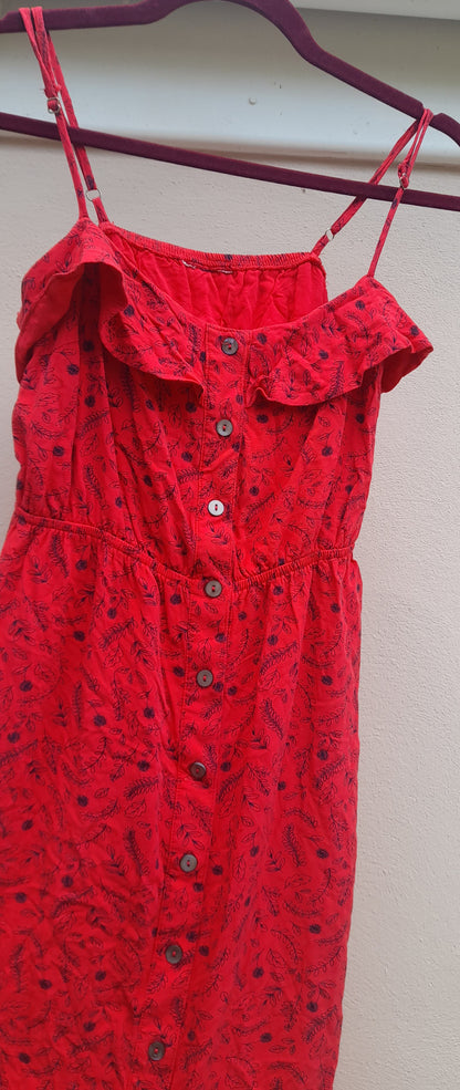 Vintage Red & Black Floral Button Frill Dress