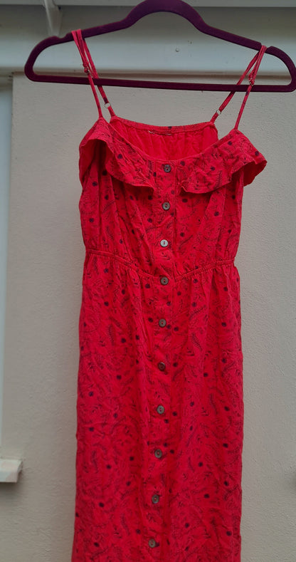 Vintage Red & Black Floral Button Frill Dress