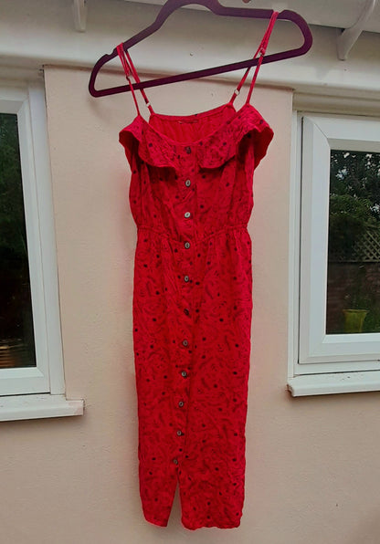 Vintage Red & Black Floral Button Frill Dress