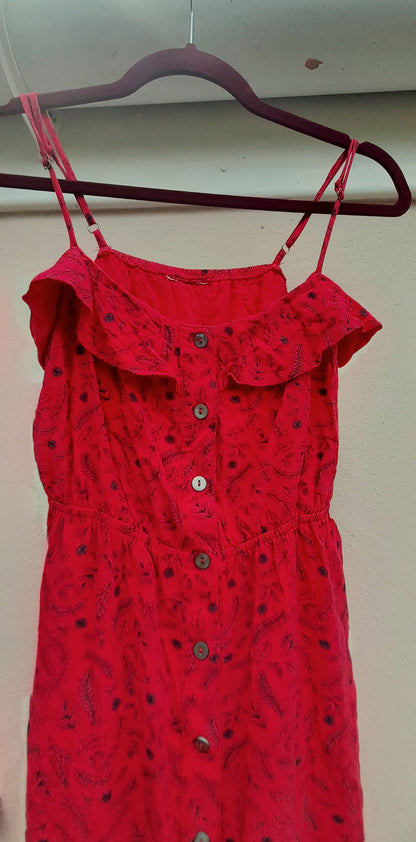Vintage Red & Black Floral Button Frill Dress
