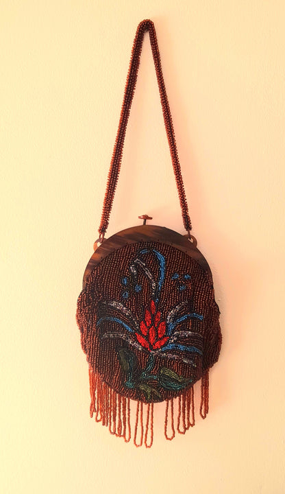 Restored Antique 1930s Multicoloured Flower Glass Beaded Clasp Bag