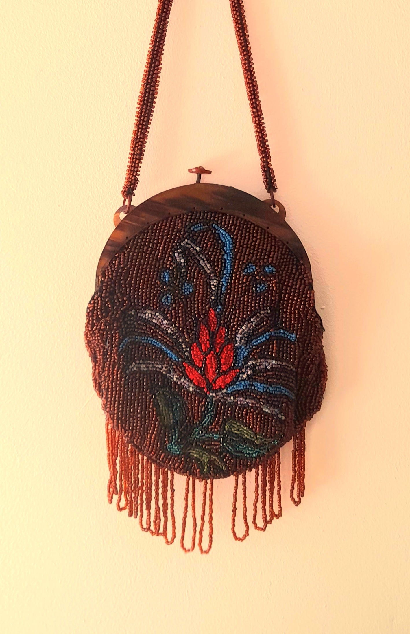 Restored Antique 1930s Multicoloured Flower Glass Beaded Clasp Bag