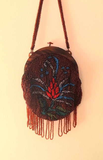 Restored Antique 1930s Multicoloured Flower Glass Beaded Clasp Bag