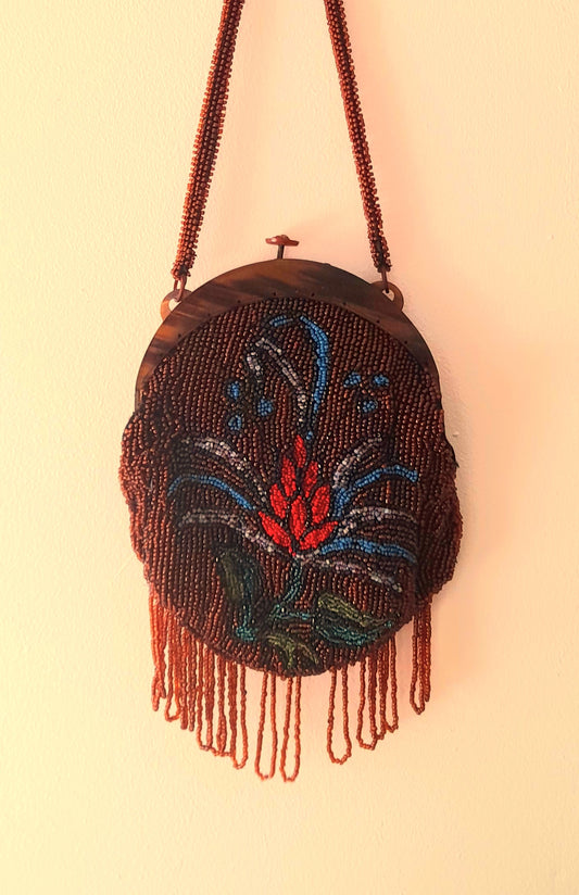 Restored Antique 1930s Multicoloured Flower Glass Beaded Clasp Bag