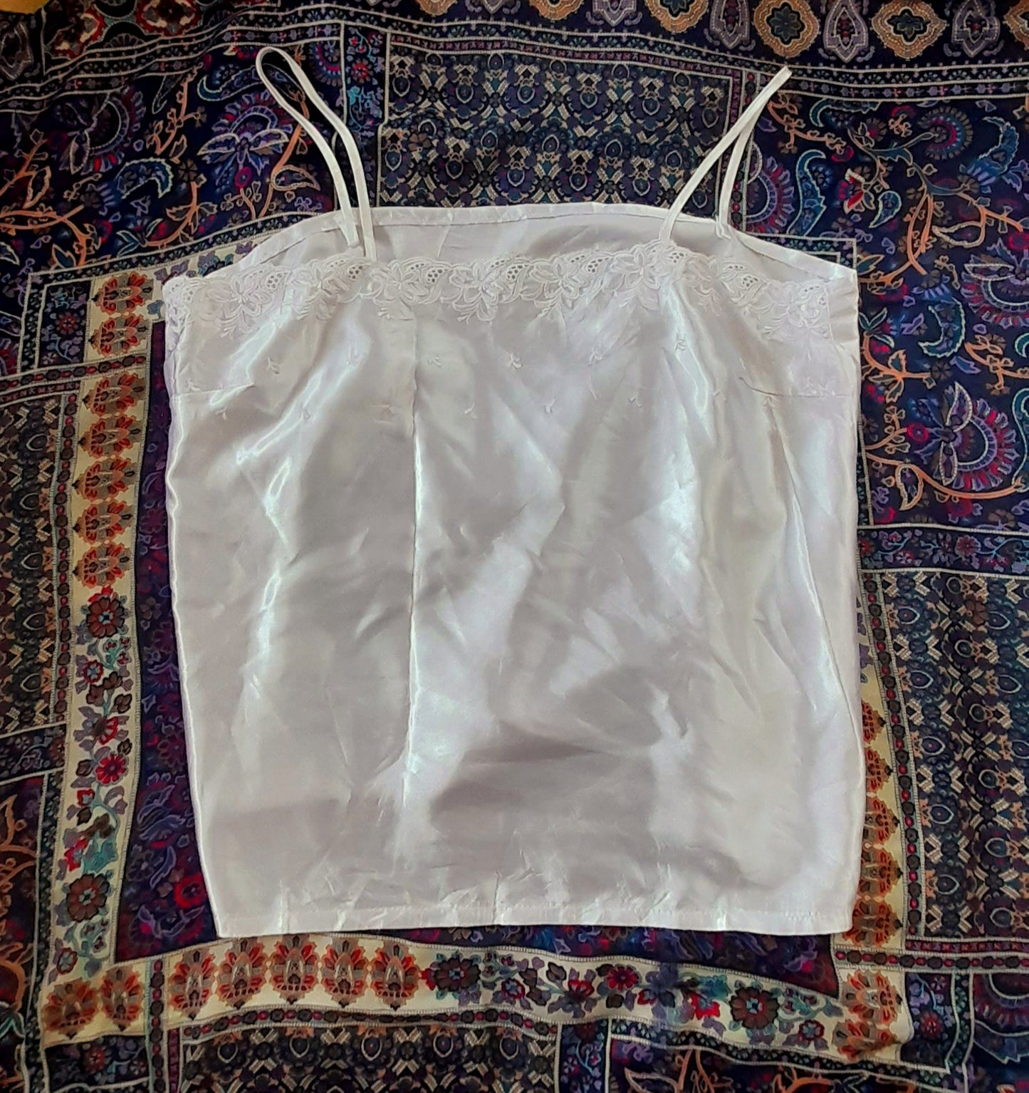 Vintage 70s White Satin Embroidered Camisole