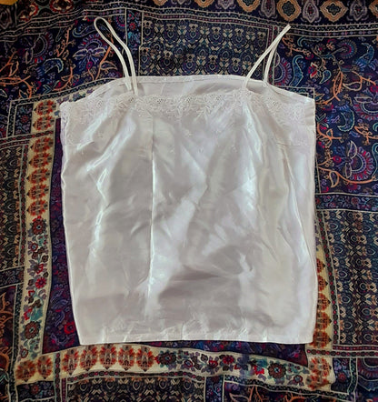 Vintage 70s White Satin Embroidered Camisole