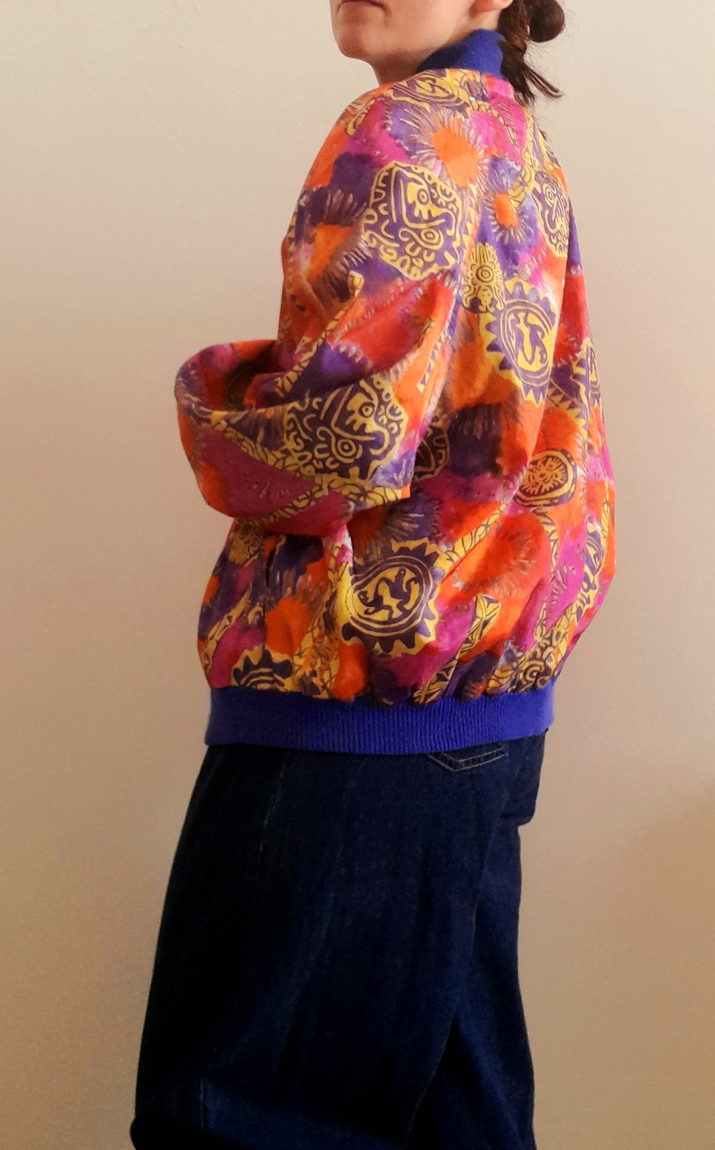 Vintage Orange Ethnic Print Waterproof Ribbed Jacket