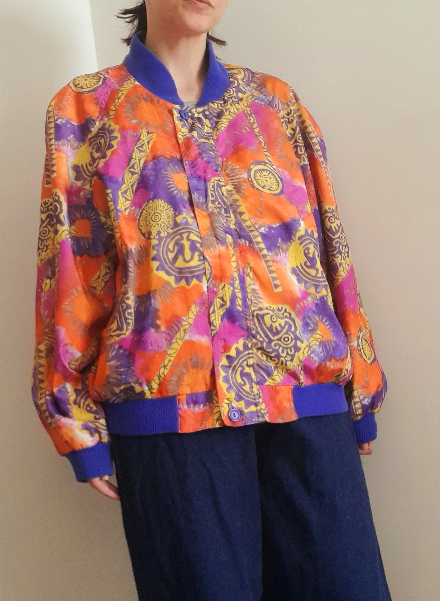 Vintage Orange Ethnic Print Waterproof Ribbed Jacket