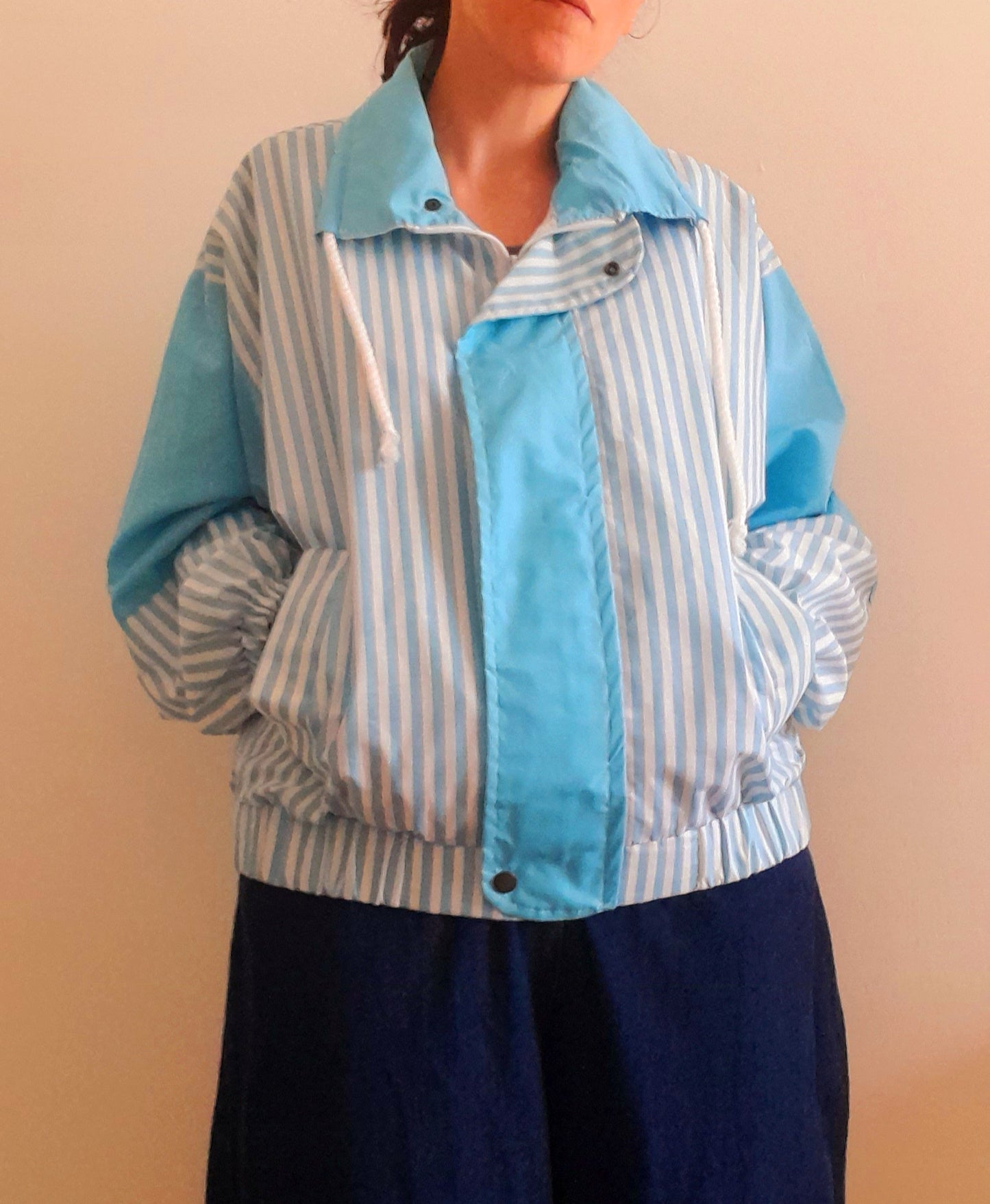 Vintage 80s Blue & White Stripe Polycotton Lightweight Jacket