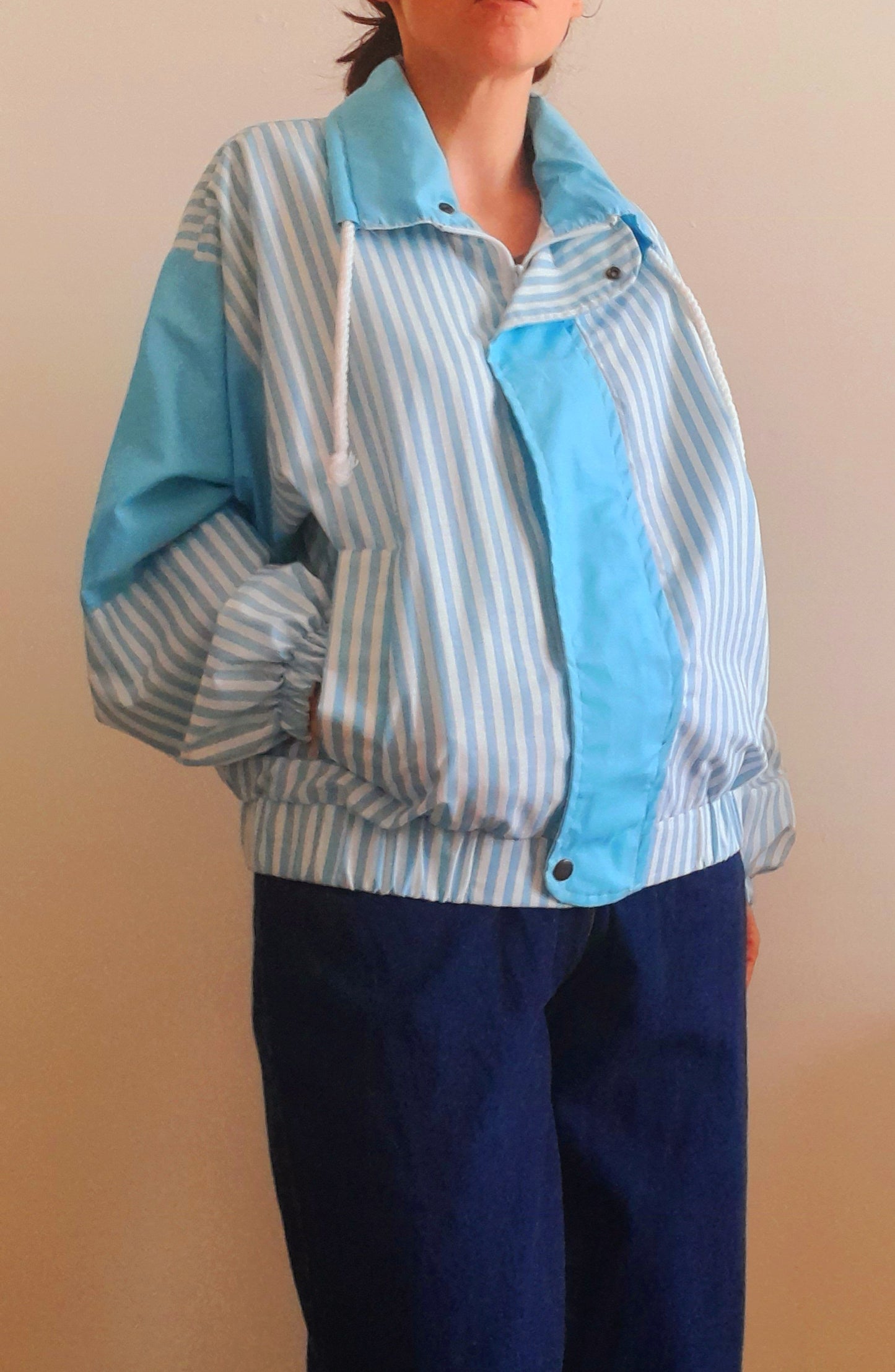 Vintage 80s Blue & White Stripe Polycotton Lightweight Jacket