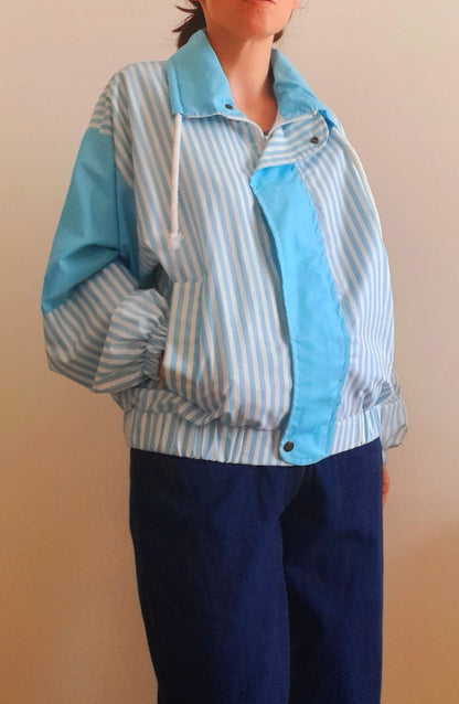 Vintage 80s Blue & White Stripe Polycotton Lightweight Jacket