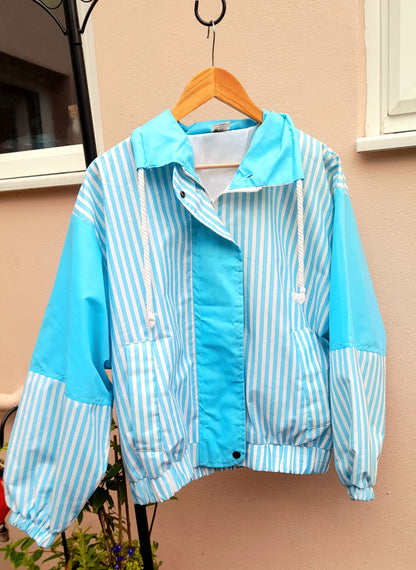 Vintage 80s Blue & White Stripe Polycotton Lightweight Jacket