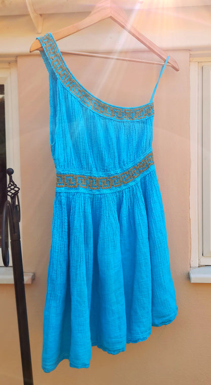 Turquoise Gold Embroidered Grecian Style Asymmetric Vintage Cotton Mini Dress