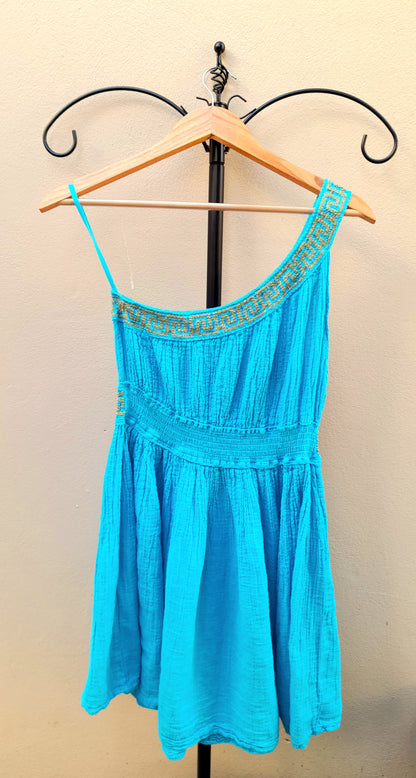Turquoise Gold Embroidered Grecian Style Asymmetric Vintage Cotton Mini Dress