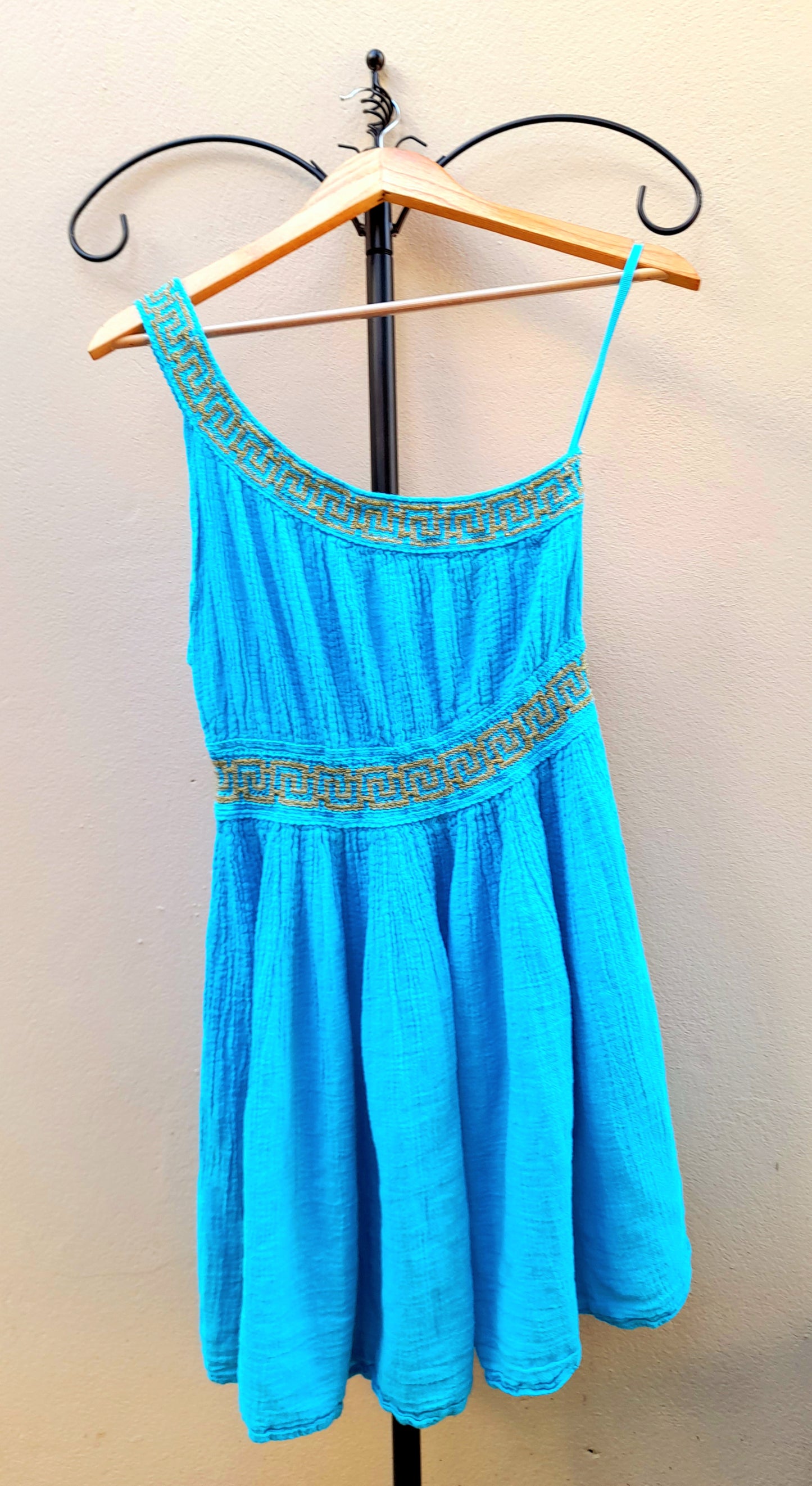 Turquoise Gold Embroidered Grecian Style Asymmetric Vintage Cotton Mini Dress