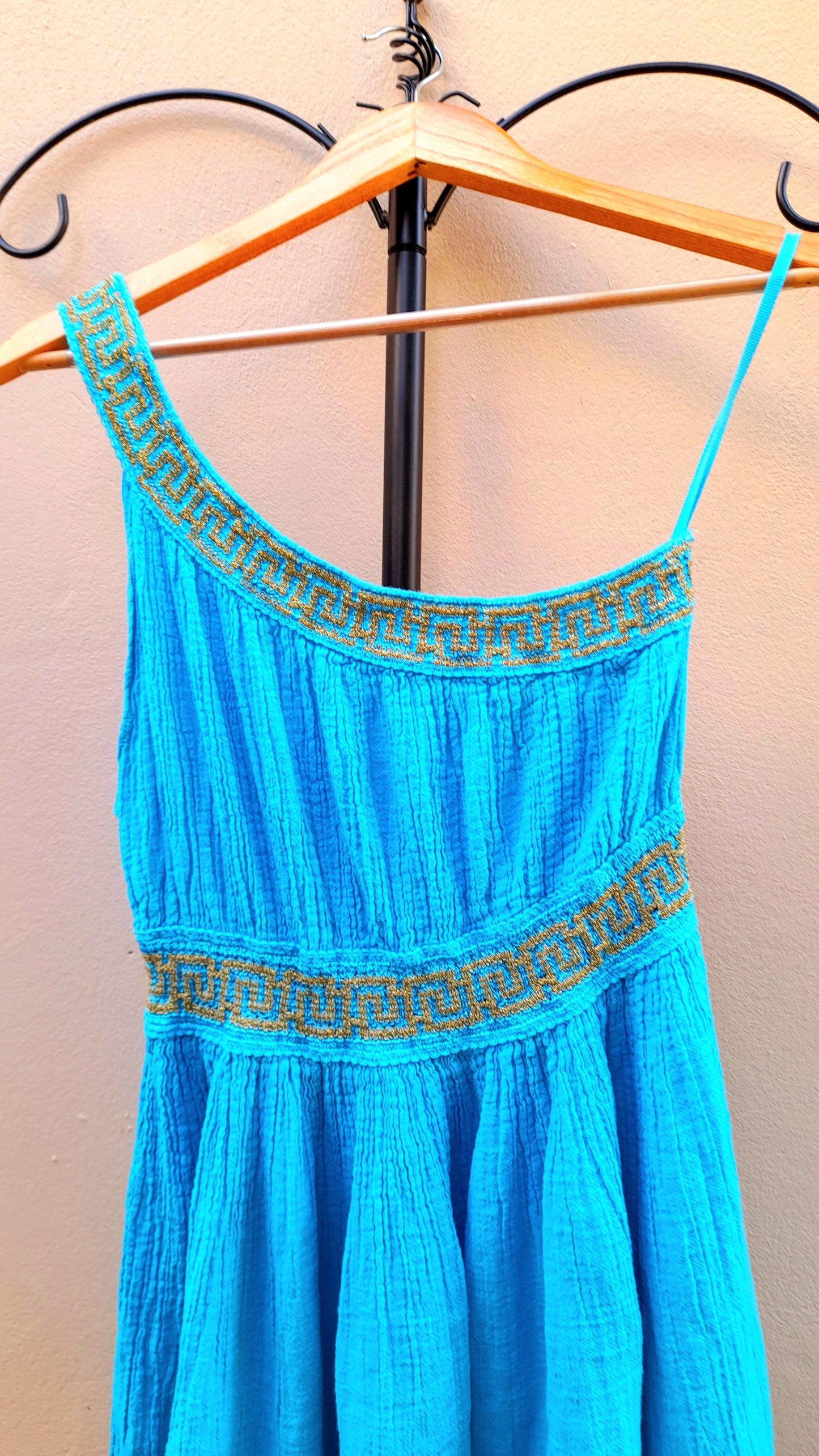 Turquoise Gold Embroidered Grecian Style Asymmetric Vintage Cotton Mini Dress