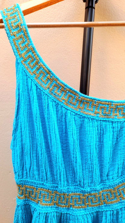 Turquoise Gold Embroidered Grecian Style Asymmetric Vintage Cotton Mini Dress