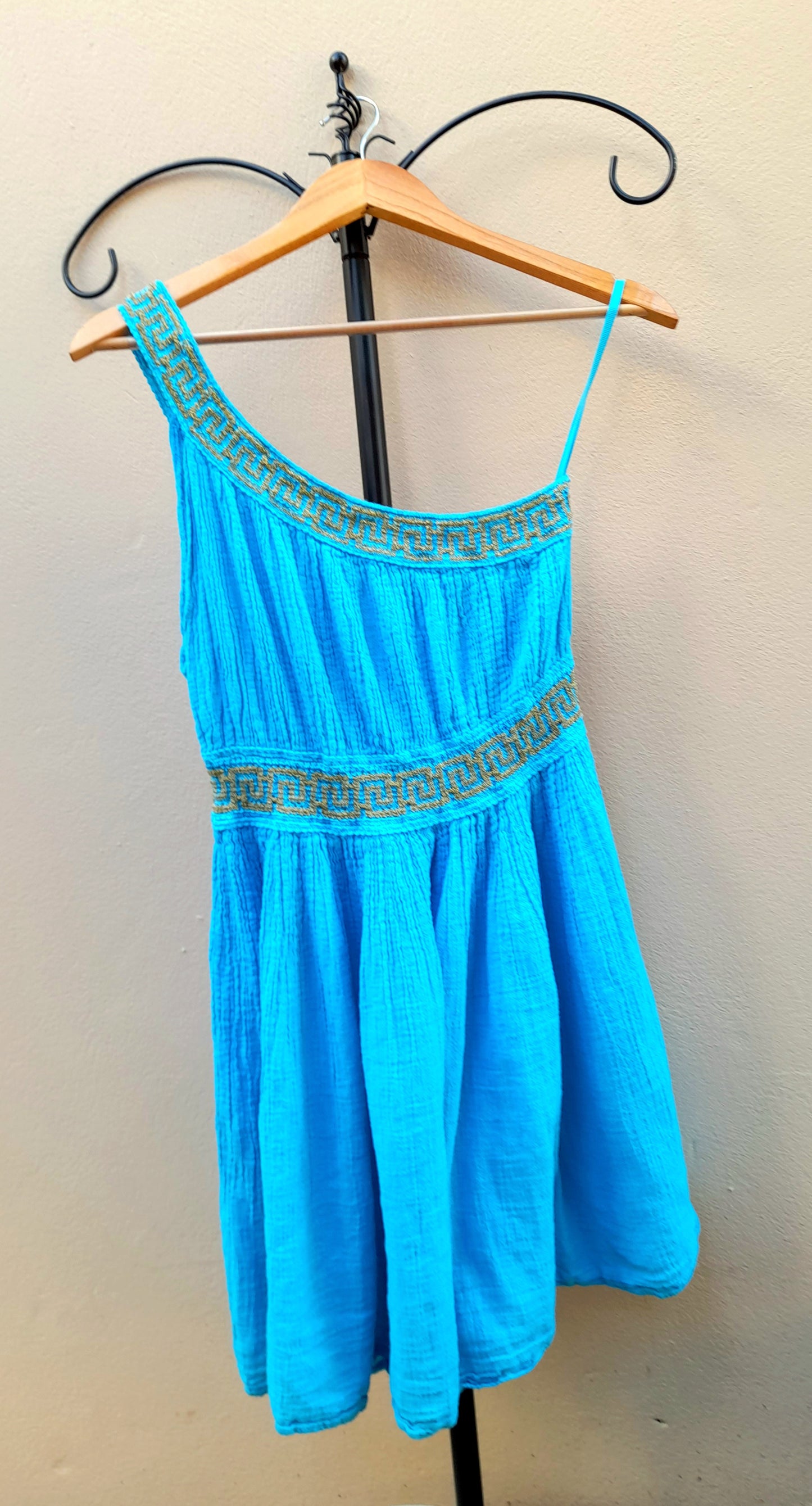 Turquoise Gold Embroidered Grecian Style Asymmetric Vintage Cotton Mini Dress