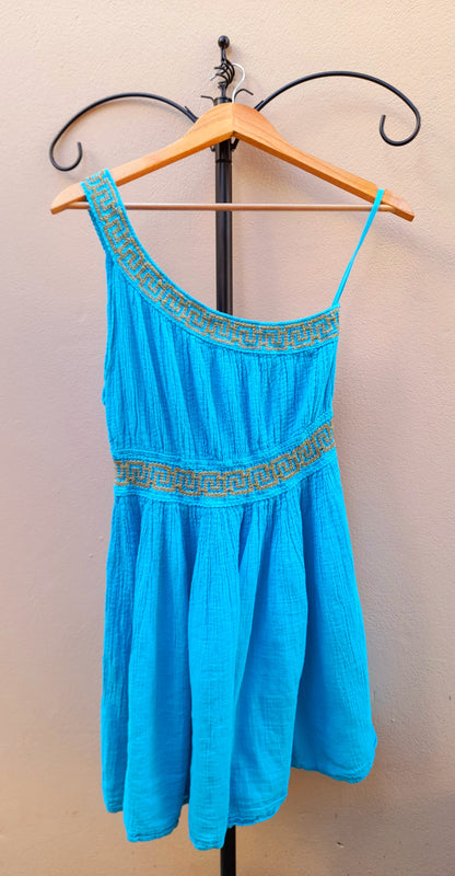 Turquoise Gold Embroidered Grecian Style Asymmetric Vintage Cotton Mini Dress