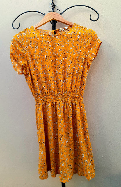 Orange Cream Flower Print Viscose Button Tea Dress
