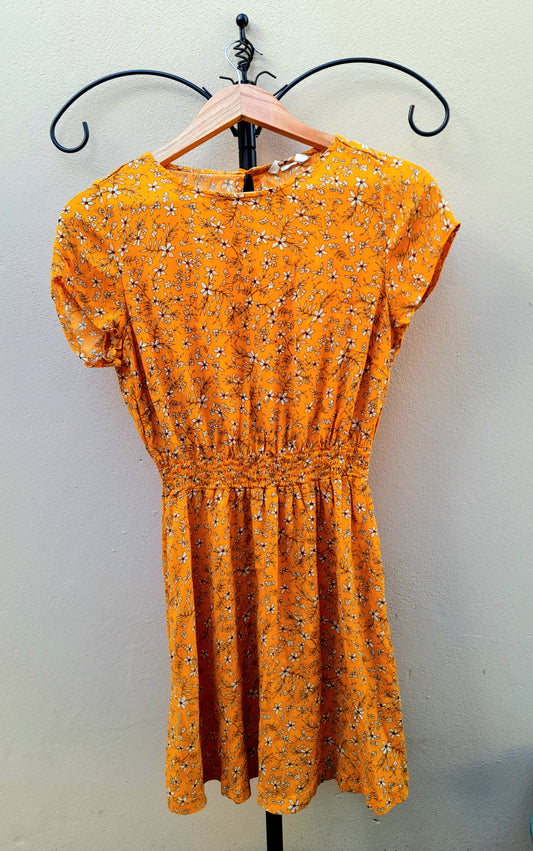 Orange Cream Flower Print Viscose Button Tea Dress