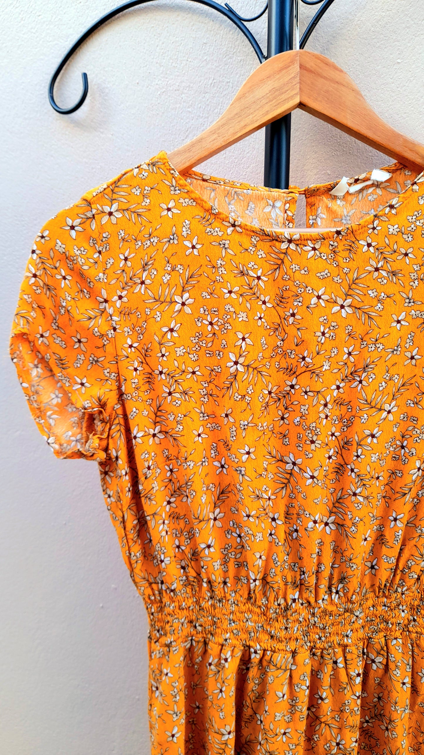 Orange Cream Flower Print Viscose Button Tea Dress